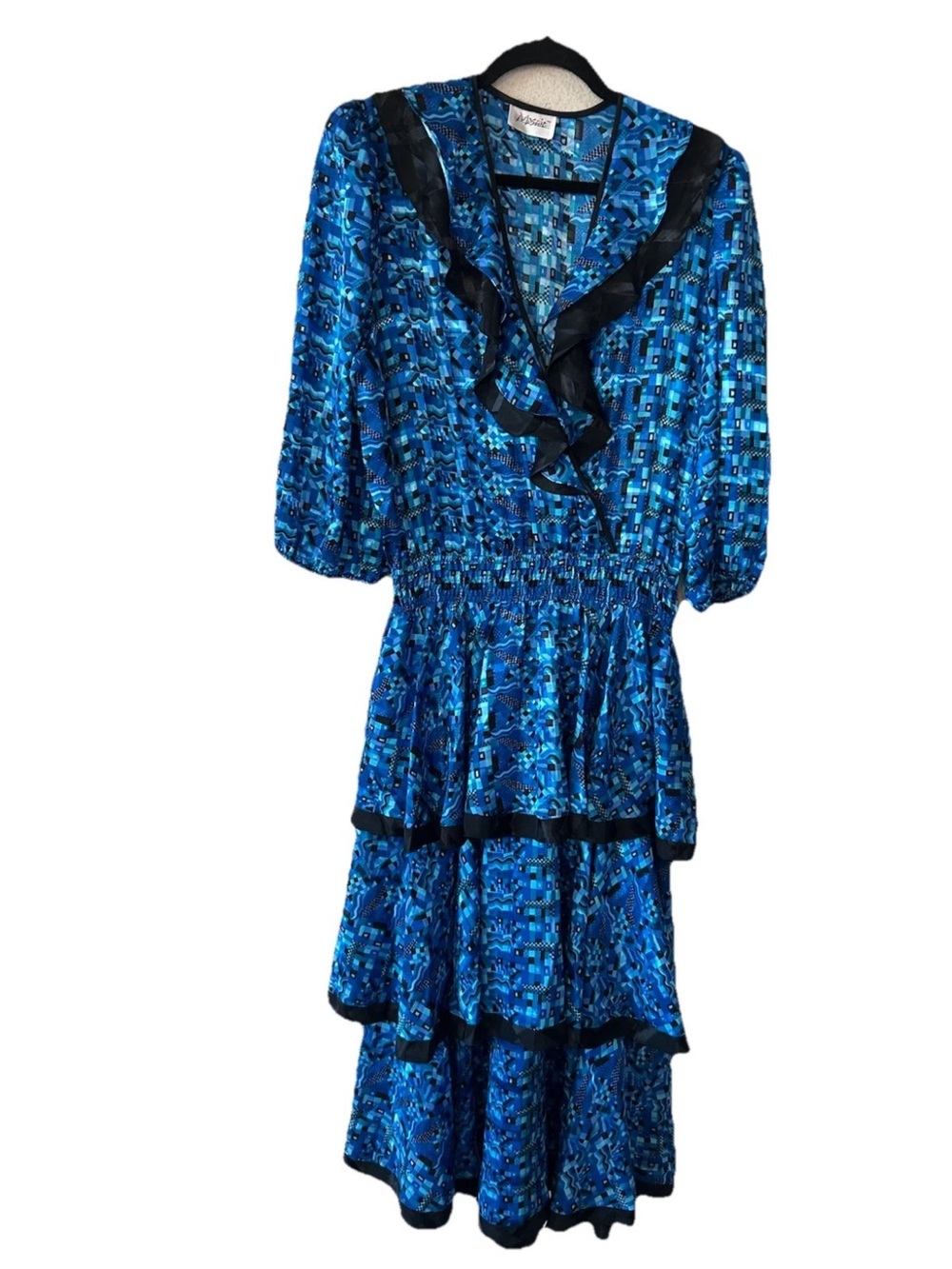 Vintage Mosaic Blue Geometric Tiered Midi Dress Ruffled Silky Long Sleeve 90s M